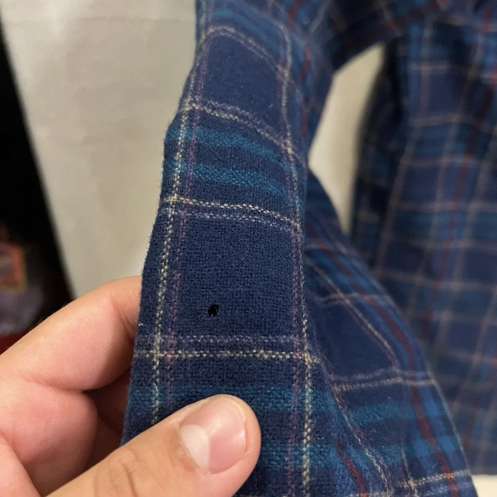 Vintage Pendleton Loop Collar Wool Shirt Men's Large Blue Plaid DAMAGED 60s 70s